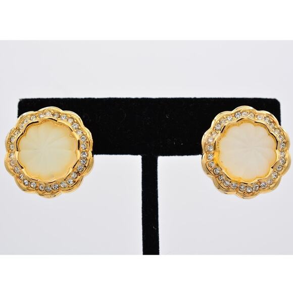Christian Dior Vintage Clip On Earrings Frosted Glass Crystal Gold Signed BinAB - Picture 1 of 12